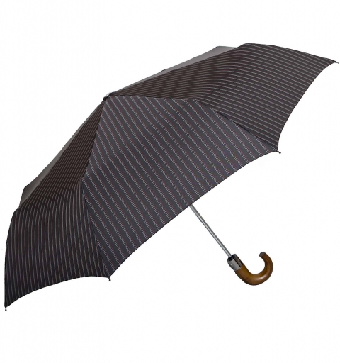 Striped black AluLight automatic Open&Close folding PARASOL Umbrella with crooked wooden handle
